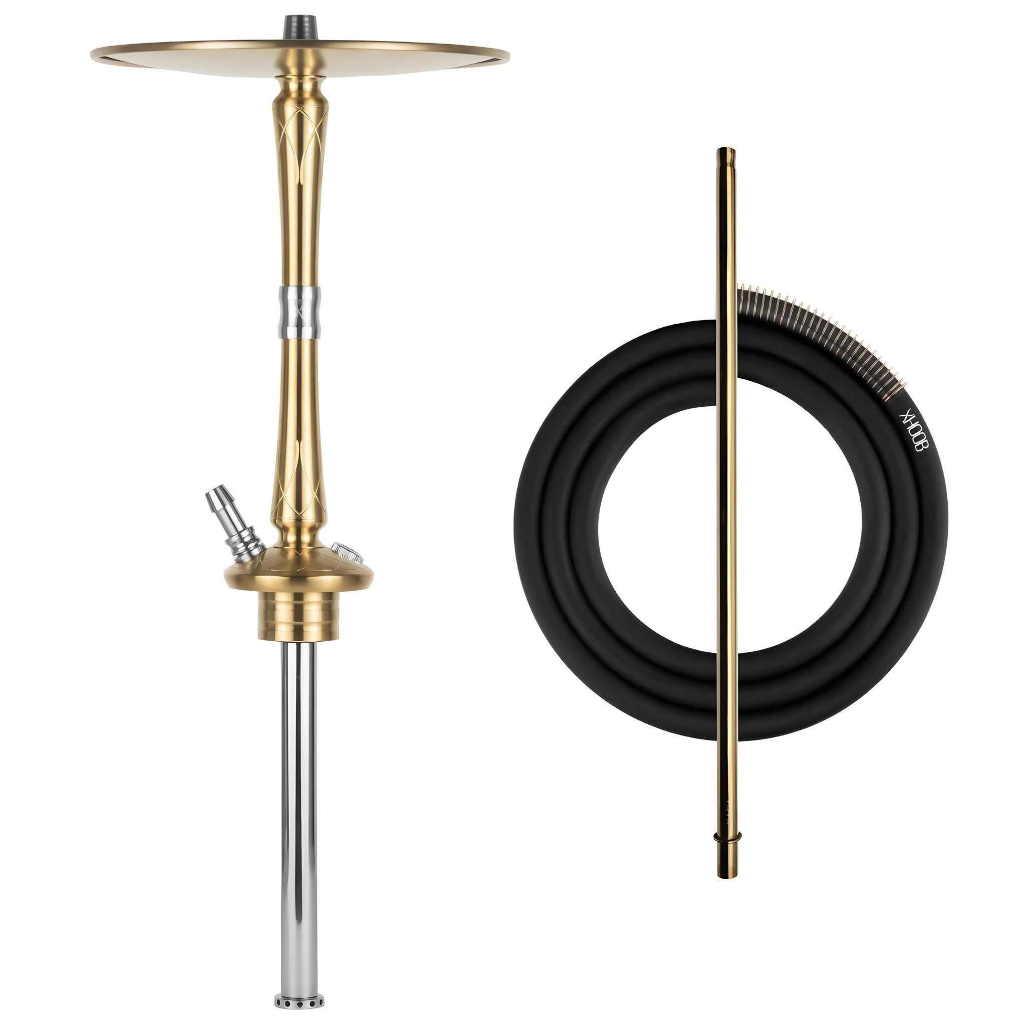 Hoob Go On Gold Hookah with gold stem, silicone hose, and accessories displayed