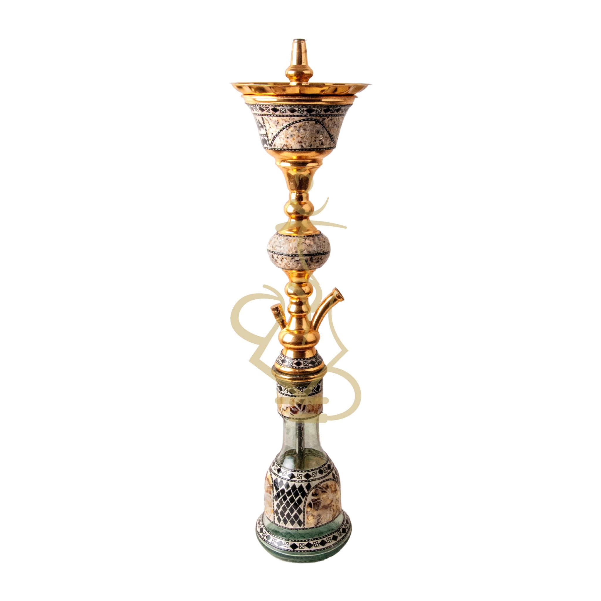 Detailed close-up of the bowl on the Khalil Mamoon Gold Ball Sadaf Hookah with gold detailing