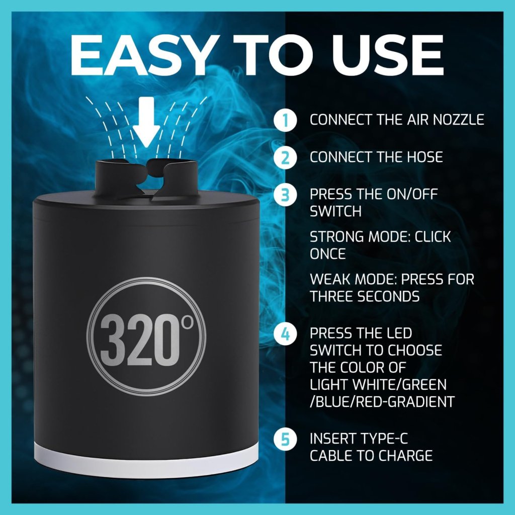 320° - 320º Hookah Shisha Electric Starter - LED Illuminated, Rechargeable, Compact Pump - The Premium Way