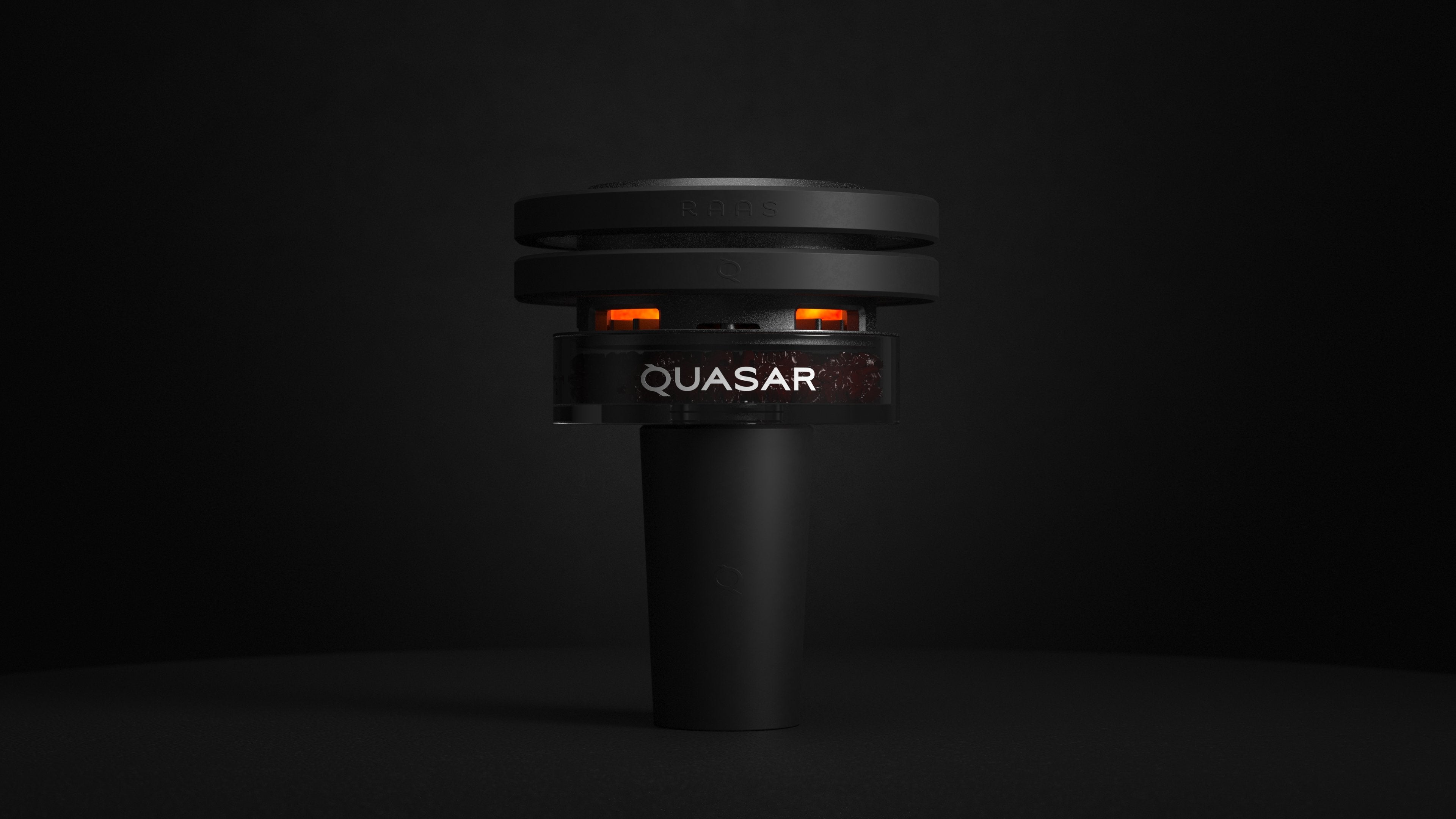Quasar Raas 2 Hookah Heating System glowing with coals, showcasing its power in a dark setting
