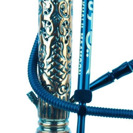 Close-up of Khalil Mamoon Ice Dana Black Oxide Shisha stem with intricate carvings