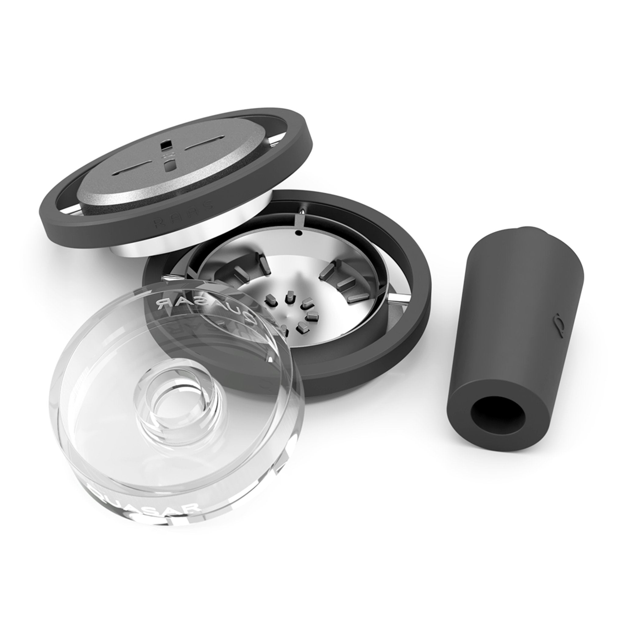 Disassembled view of Quasar Raas 2, displaying its components including glass bowl and silicone connector
