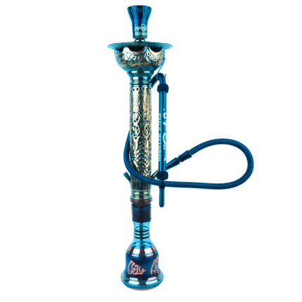 Complete view of Khalil Mamoon Ice Dana Black Oxide Shisha with hose attached