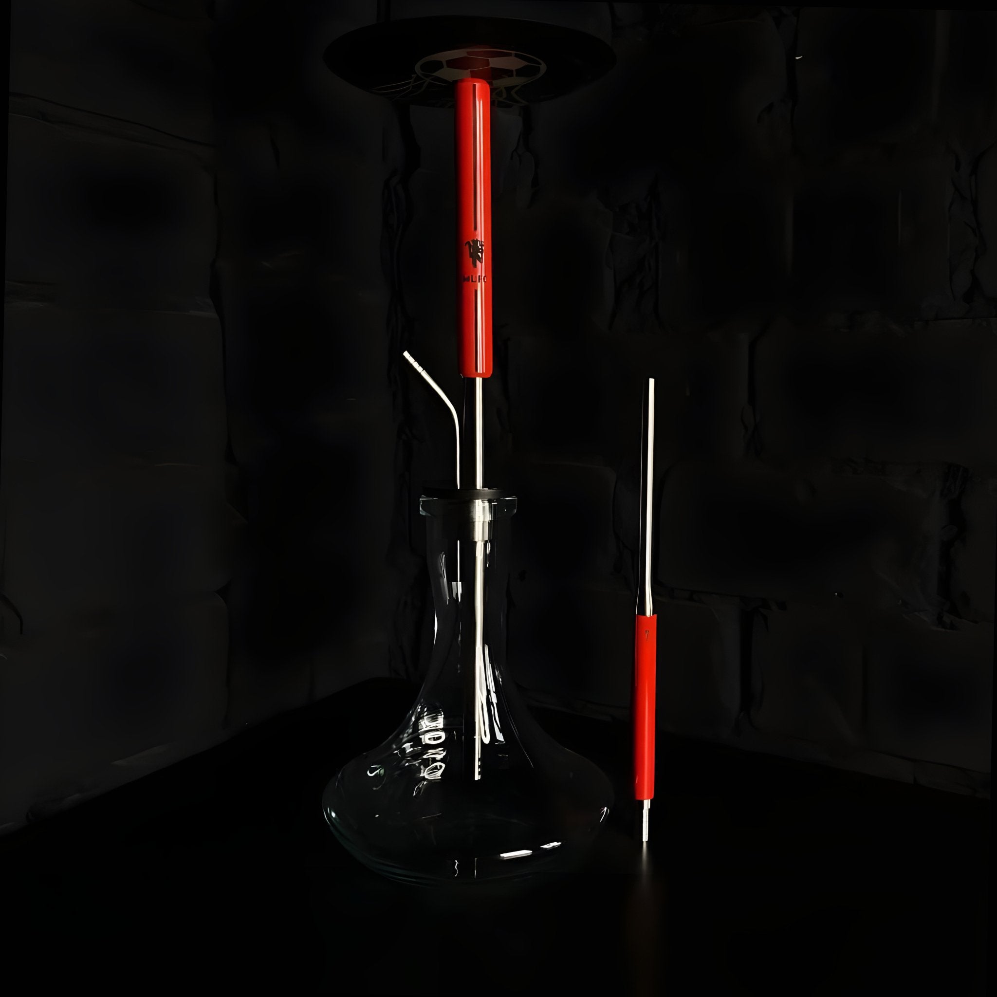 Mexanika MUFC Hookah with red shaft, stainless steel mouthpiece, and glass base
