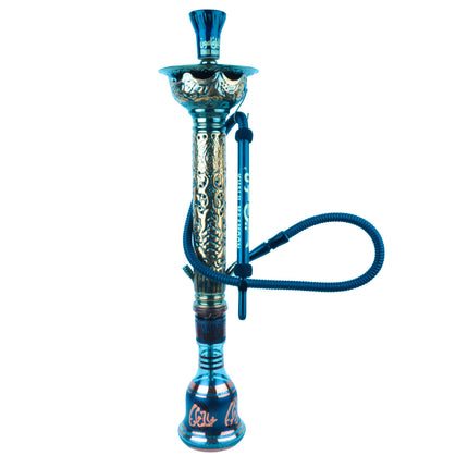 Close-up of Khalil Mamoon Ice Dana Black Oxide Shisha tray and hose hook