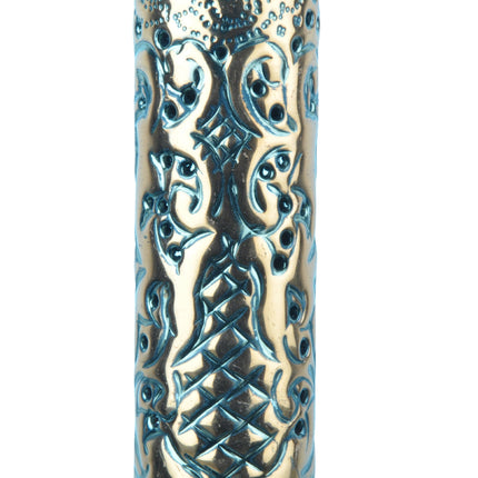 Detailed view of Khalil Mamoon Ice Dana Black Oxide Shisha valve and stem engravings