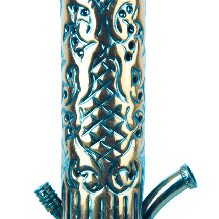 Detailed shot of the base of Khalil Mamoon Ice Dana Black Oxide Shisha with artistic engravings