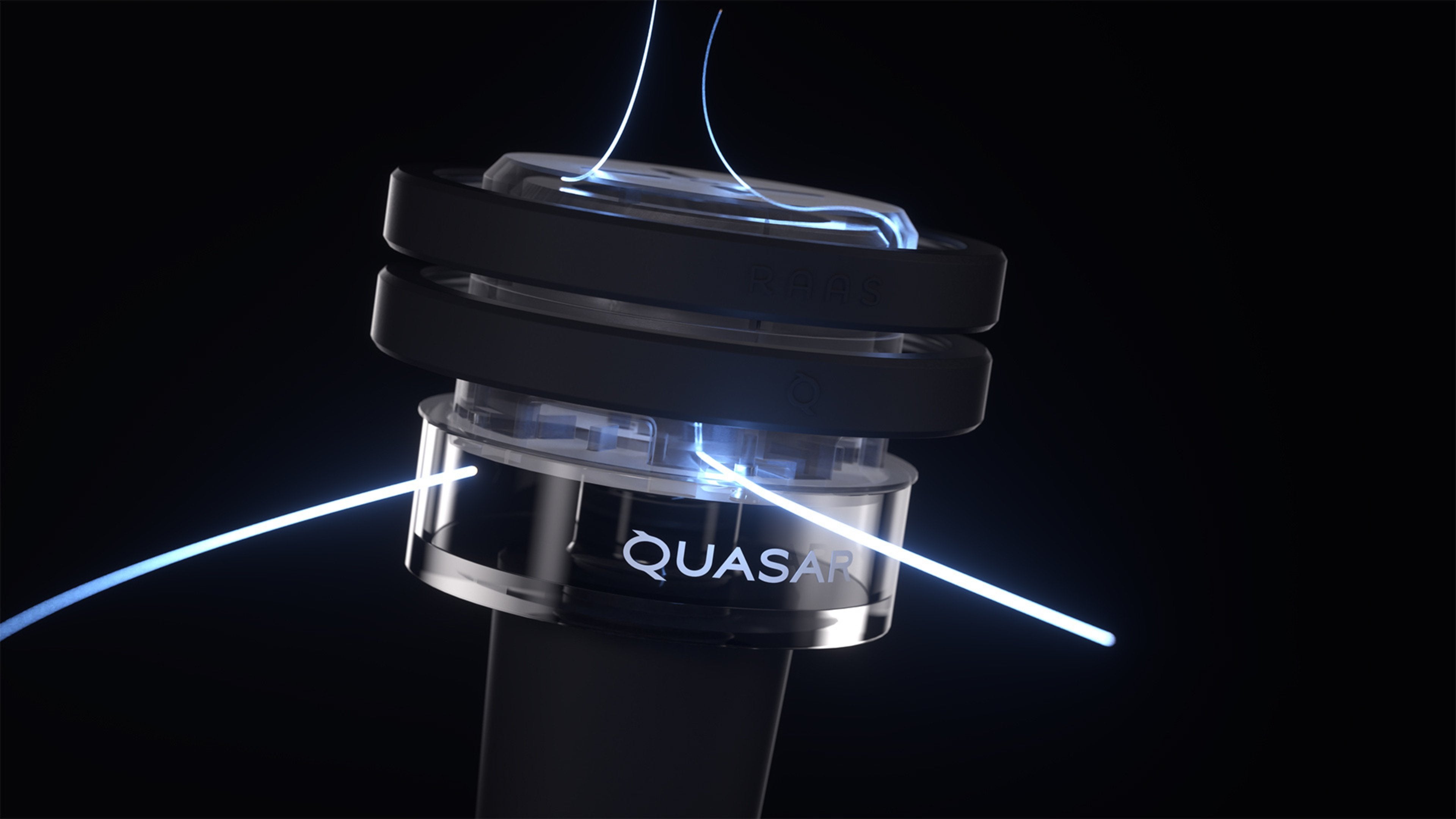 Close-up of Quasar Petit Raas 2 with blue airflow illustration, highlighting innovative design
