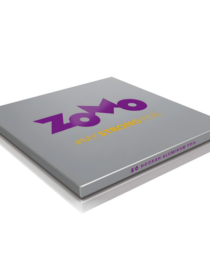 Pack of Zomo Ultimate Strong Hookah Foil in sleek grey packaging with prominent purple brand logo, ready to enhance shisha sessions with 50 pre-cut aluminum sheets