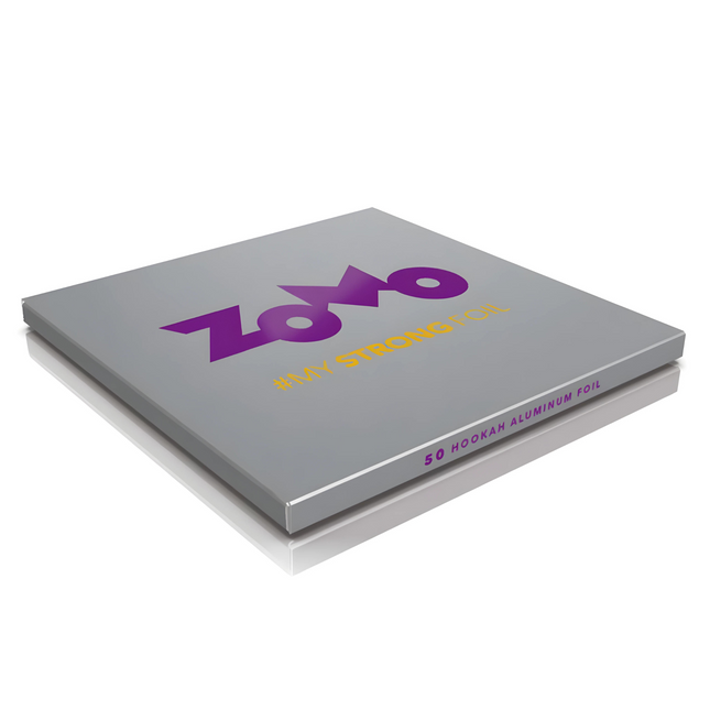 Pack of Zomo Ultimate Strong Hookah Foil in sleek grey packaging with prominent purple brand logo, ready to enhance shisha sessions with 50 pre-cut aluminum sheets