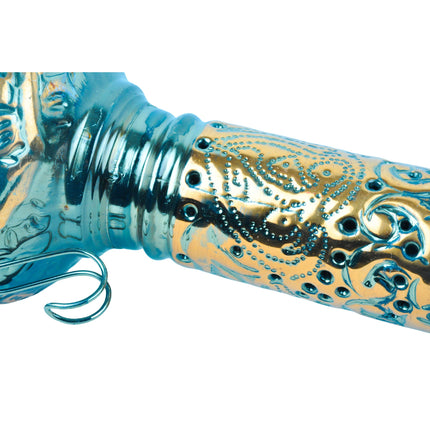 Full shot of Khalil Mamoon Ice Dana Black Oxide Shisha stem with carvings and hook attachment