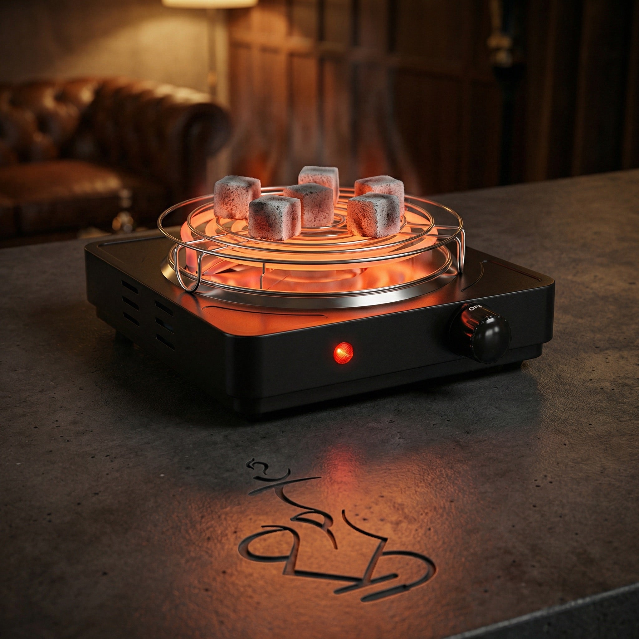 The 320 electric charcoal burner glowing red-orange on a dark concrete prep counter in a warm lounge, with coconut charcoal cubes greying as they ignite, available at Melbourne's premium shisha store.