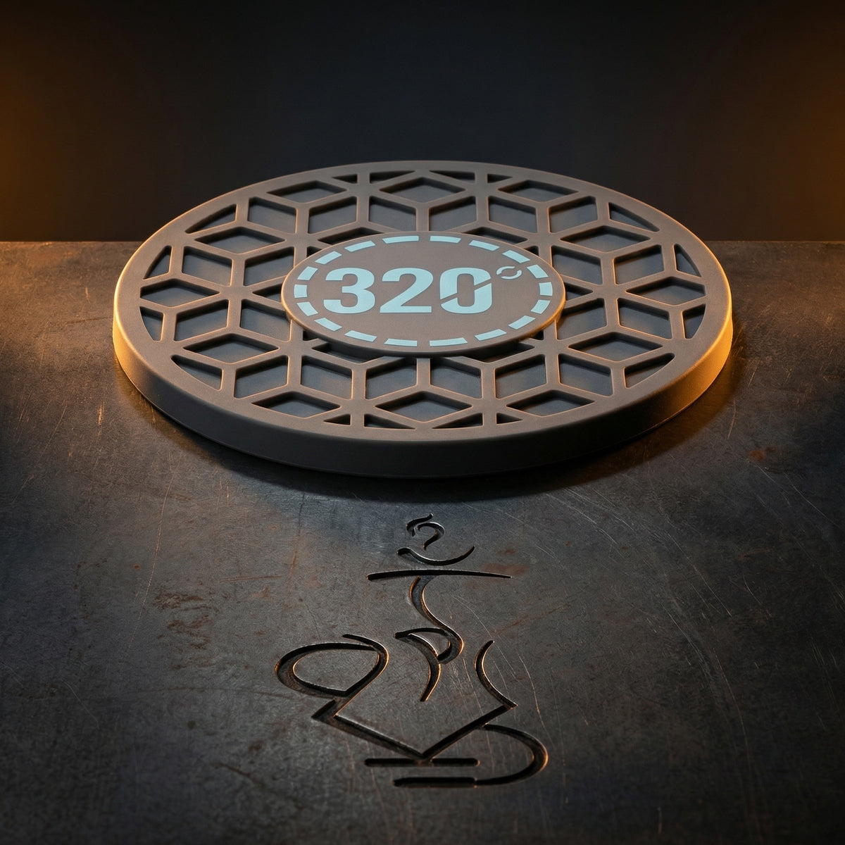320° Hookah Base Mat Black & Blue resting on a dark forged steel surface under warm editorial lighting, emphasising the cube-pattern grip face and blue medallion., image 12 of 15