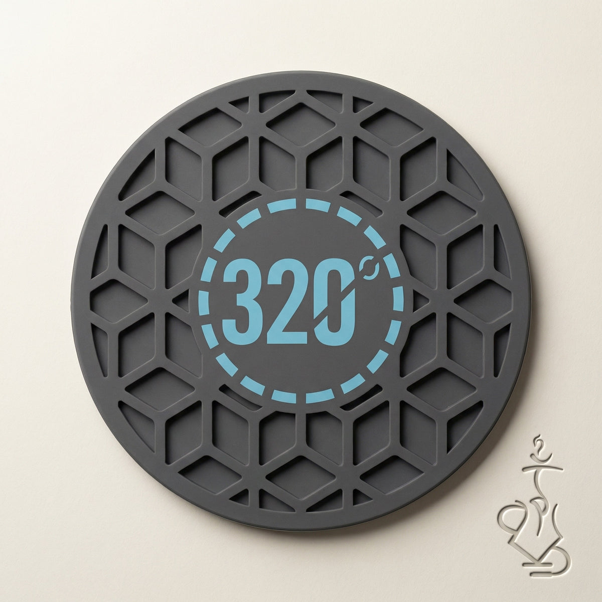 320° Hookah Base Mat Black & Blue shown flat in a warm white studio, displaying the full circular silhouette, cube-pattern surface, and central light blue 320° medallion., image 11 of 15