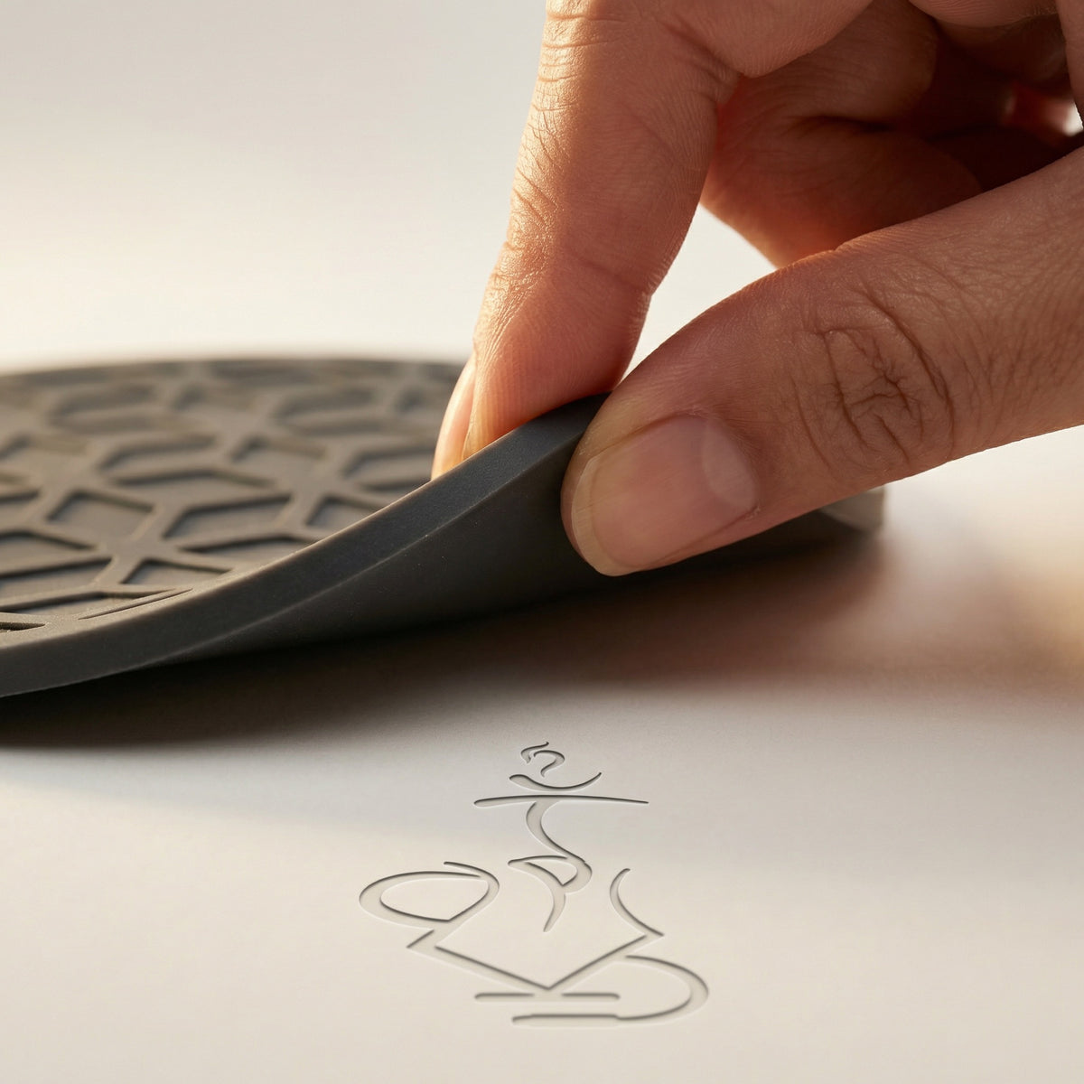 Close-up of the 320° Hookah Base Mat being lifted and bent gently between thumb and forefinger, showing the thin flexible silicone edge profile and soft matte finish., image 4 of 15