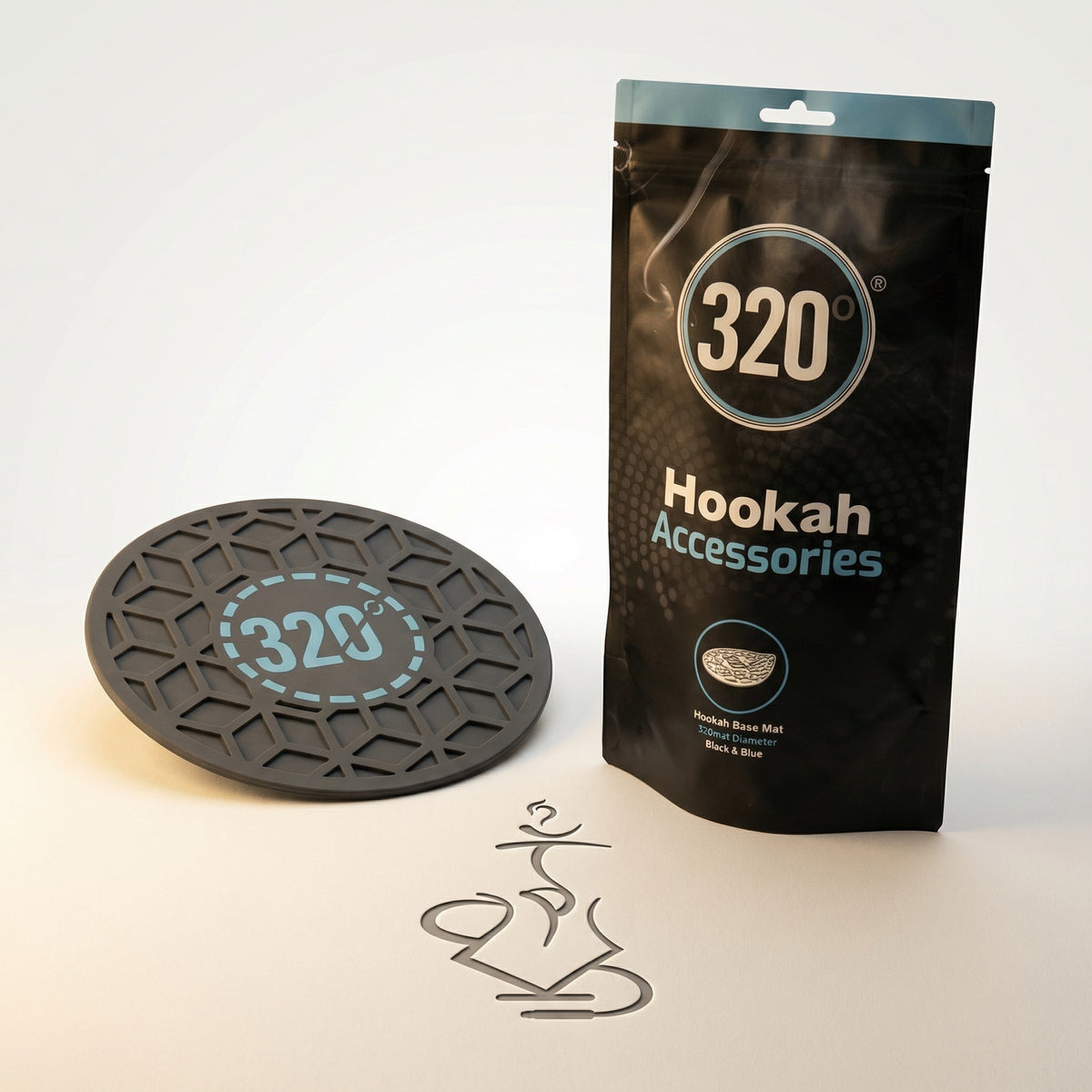 320° Hookah Base Mat Black & Blue shown beside its branded matte black retail pouch packaging, ready for shipping from Melbourne's premium shisha store., image 7 of 15