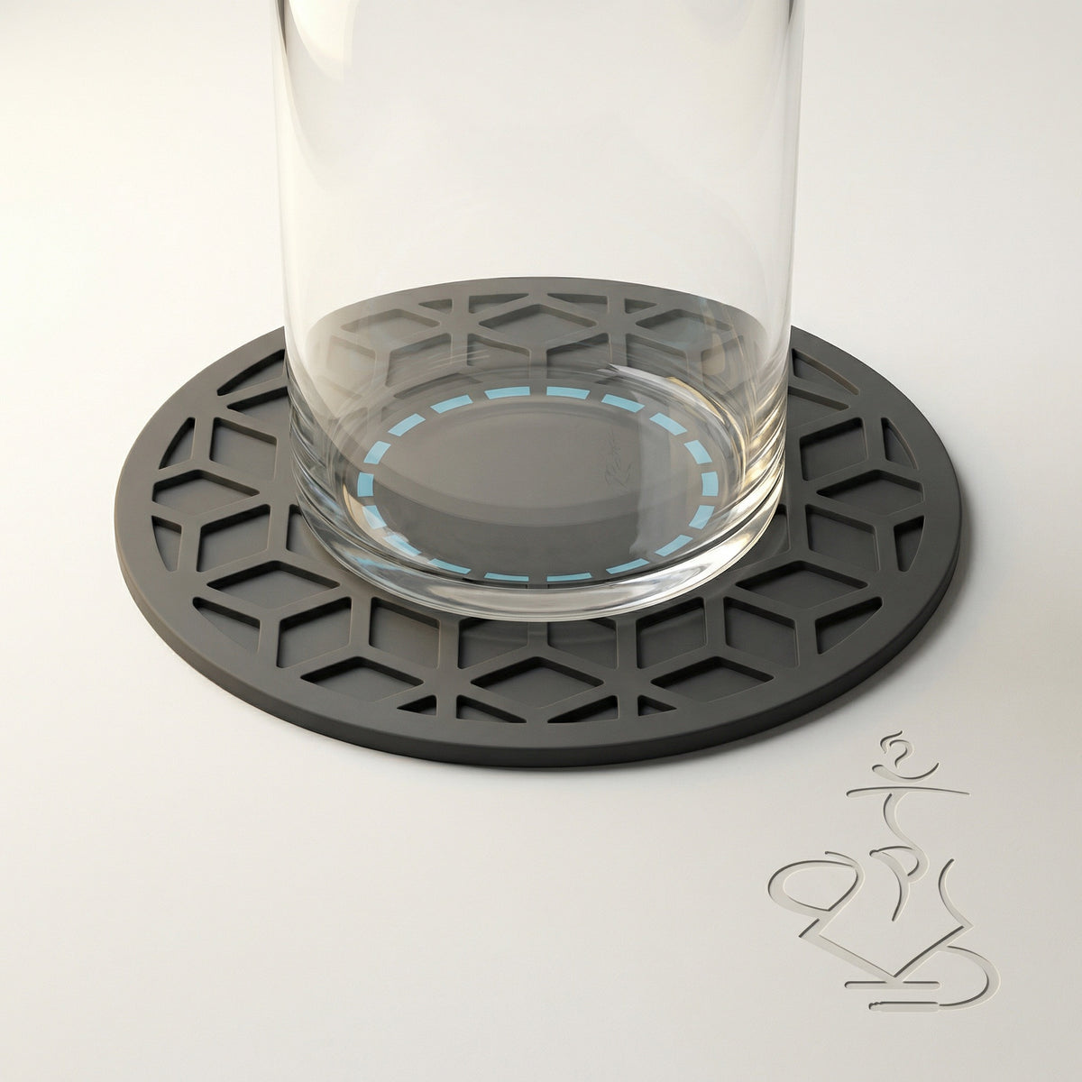 320° Hookah Base Mat sitting beneath a clear glass hookah base, demonstrating the 230mm diameter fits comfortably with room to spare around the base rim., image 5 of 15