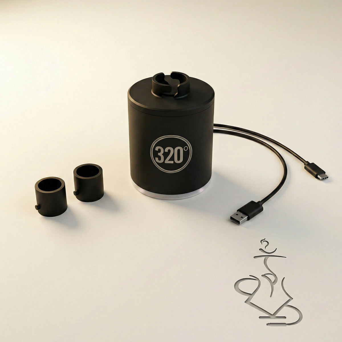 The full 320° LED electric shisha starter pump kit laid out showing the matte black pump, two silicone nozzle adapters and USB-C charging cable — everything included in the box., image 4 of 12
