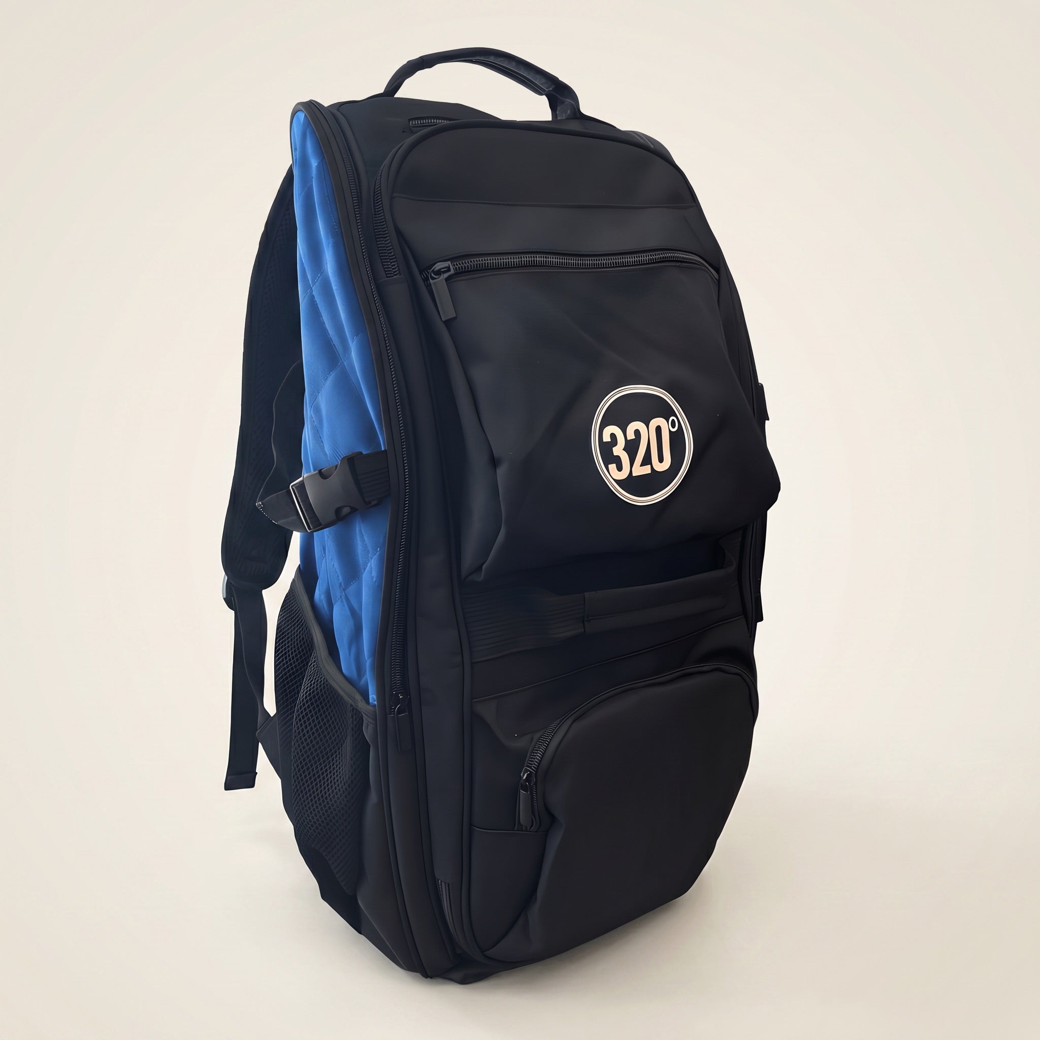 320° Shisha Travel Backpack in matte black with cream logo badge and quilted blue interior padding