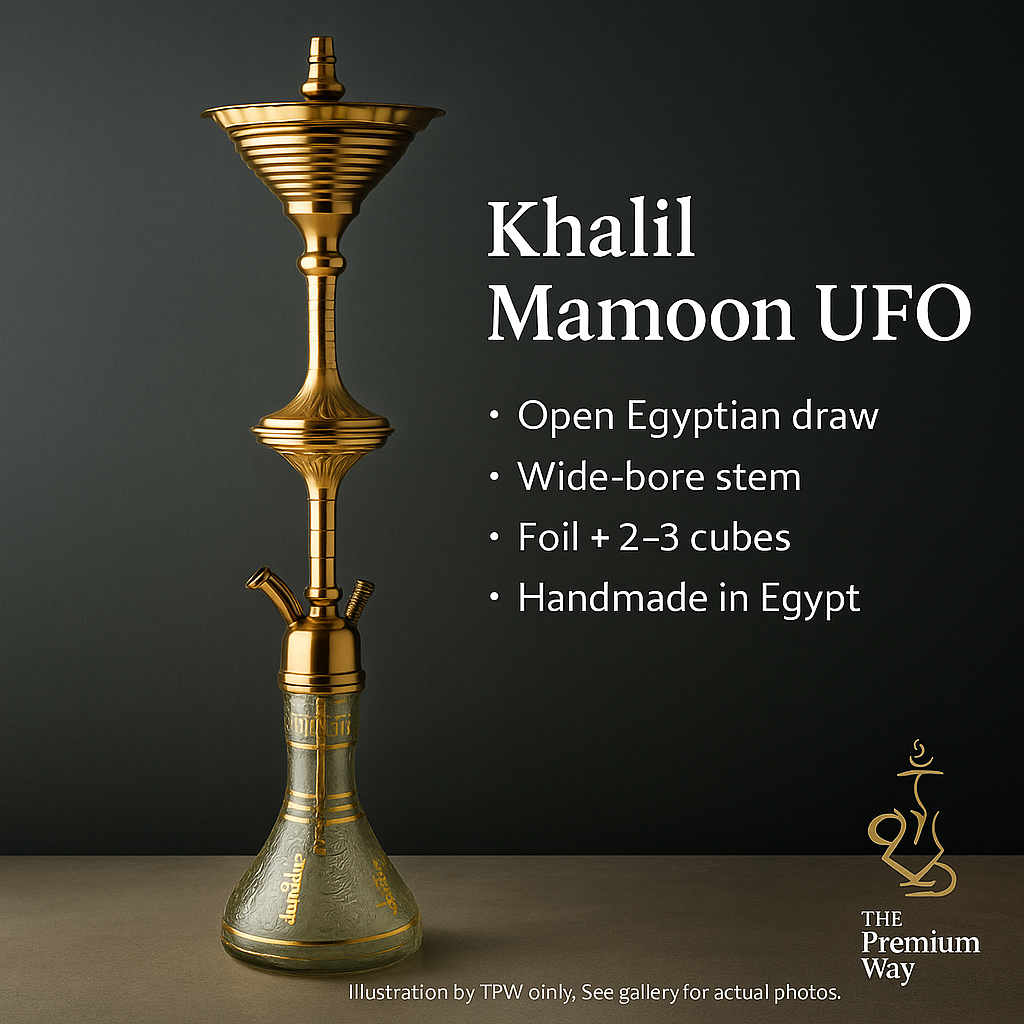Khalil Mamoon UFO Hookah – 95 cm, Gold Finish & Wide-Bore Pull