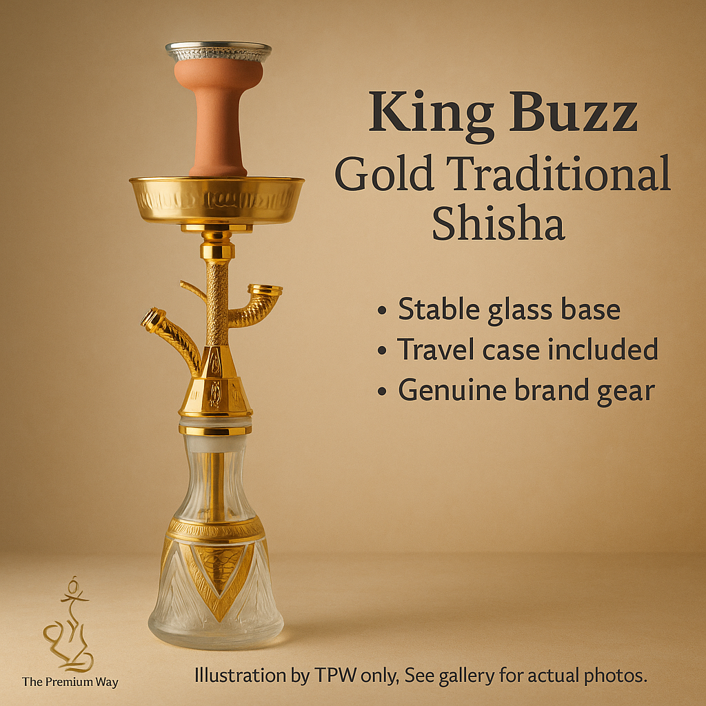 King Buzz Traditional Hookah – 47 cm Gold, Travel-Ready Kit