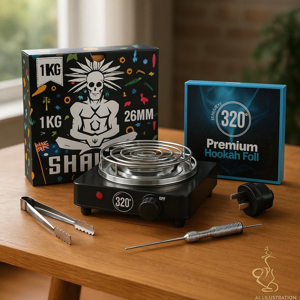 Complete Shisha Prep Kit — 320 Burner, 1 kg Coals, 320 Foils, Poker 1