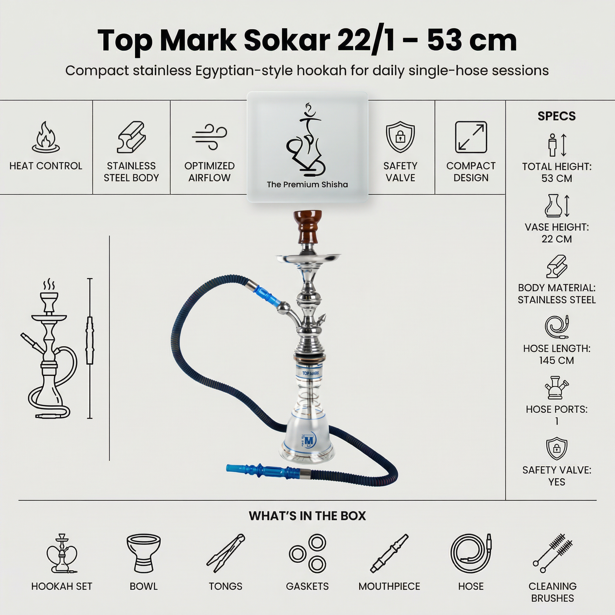 Top Mark Sokar 22/1 Hookah (53 cm) – Single Hose Egyptian Style