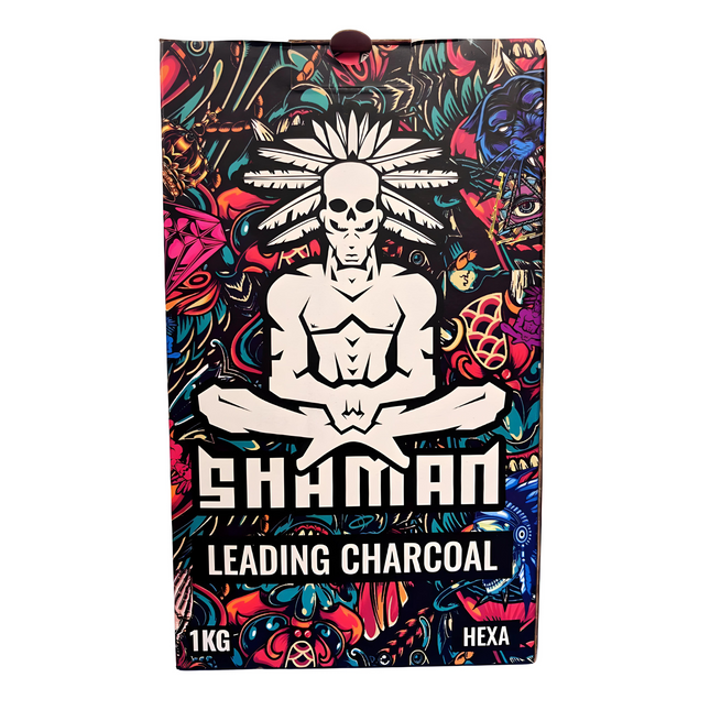 Shaman Hexa Leading Charcoal 1KG Package featuring vibrant artwork and tribal design elements, ideal for enhancing hookah sessions with quality and style