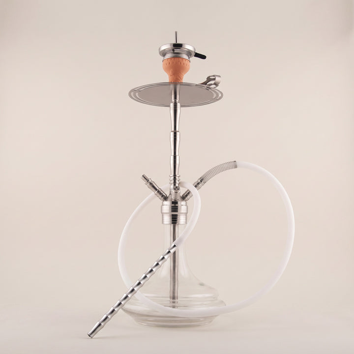 ADMY 74cm stainless steel multi-hose shisha pipe with clay bowl, chimney heat screen, and clear glass base