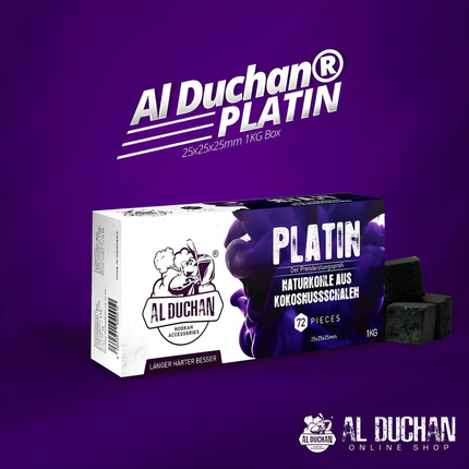 Al Duchan Platin hookah charcoal with eco coconut shells on vibrant purple background.