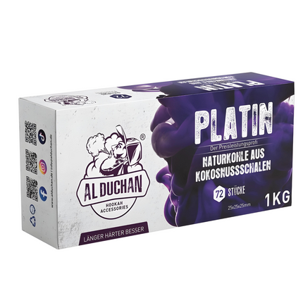 Al Duchan Platin 1kg 72 pieces coconut hookah charcoal in white and purple box.
