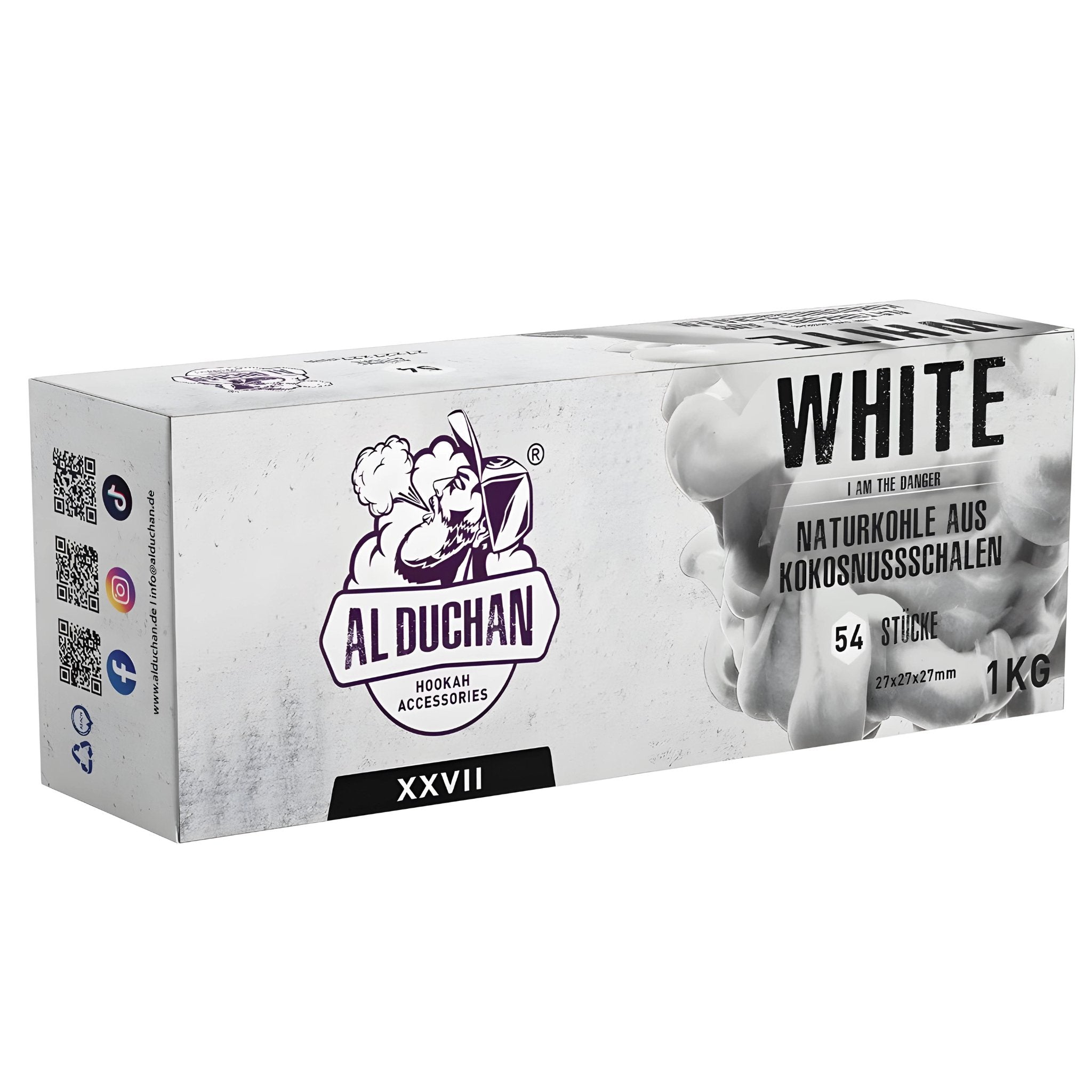 Al Duchan White 27mm Shisha Charcoal Box - 1kg pack with 57 pieces, made from premium coconut shells, suitable for all hookahs.
