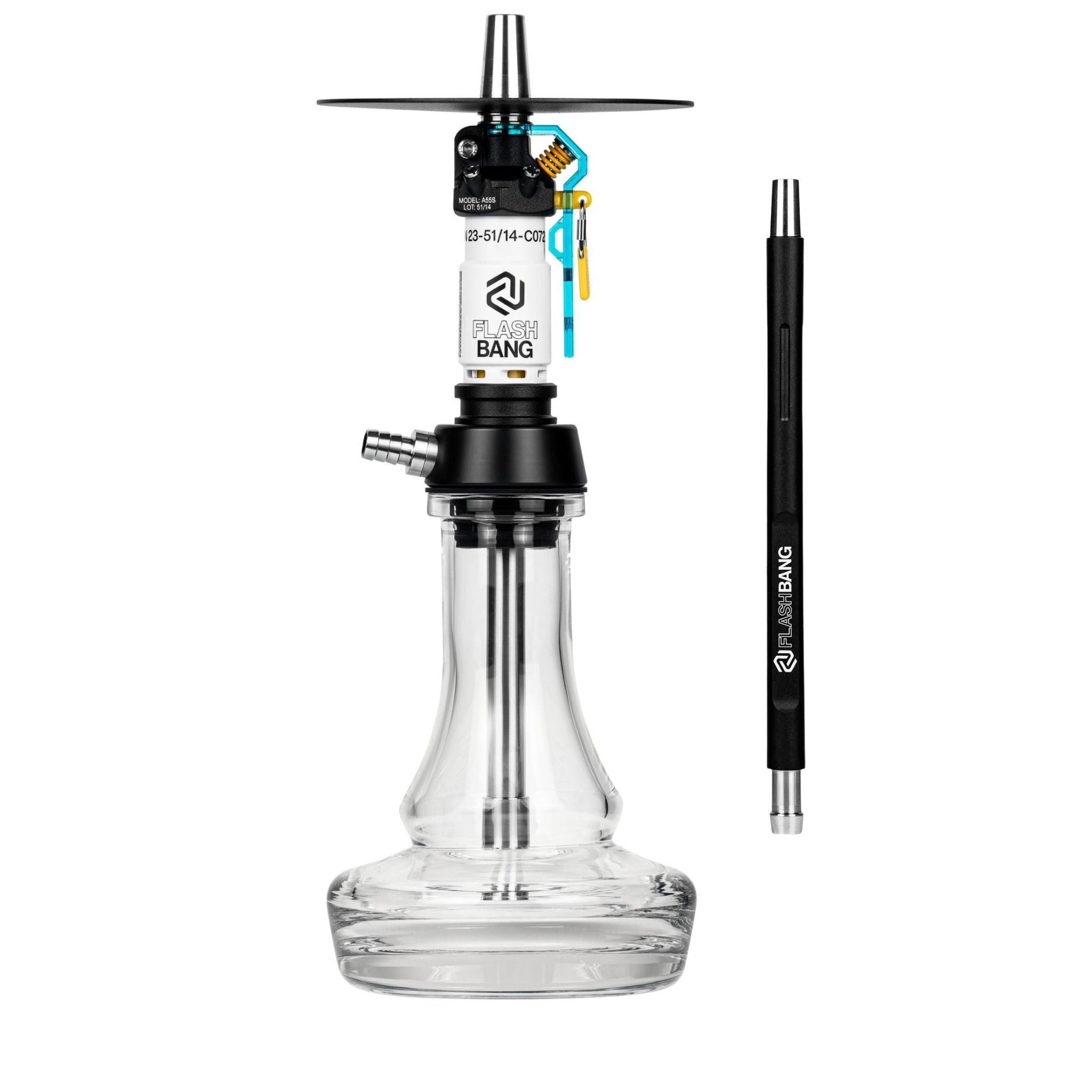 Amotion Flash Bang Arctic shisha in white-blue with clear glass base, black charcoal plate, and matching Flash Bang mouthpiece