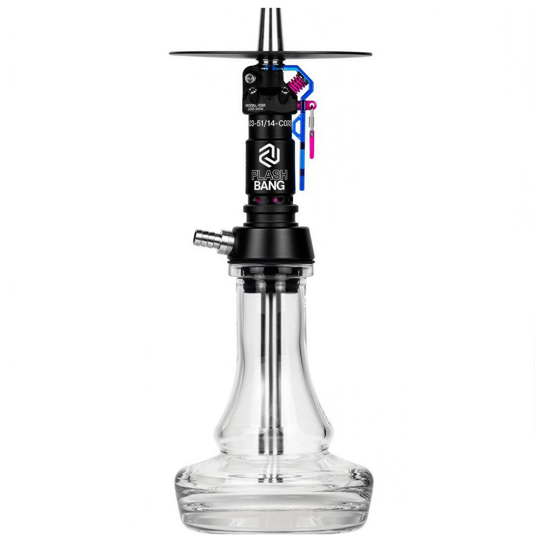 Amotion Flash Bang Azure shisha front view — black sleeve with vivid blue translucent safety lever and clear plug-in glass base