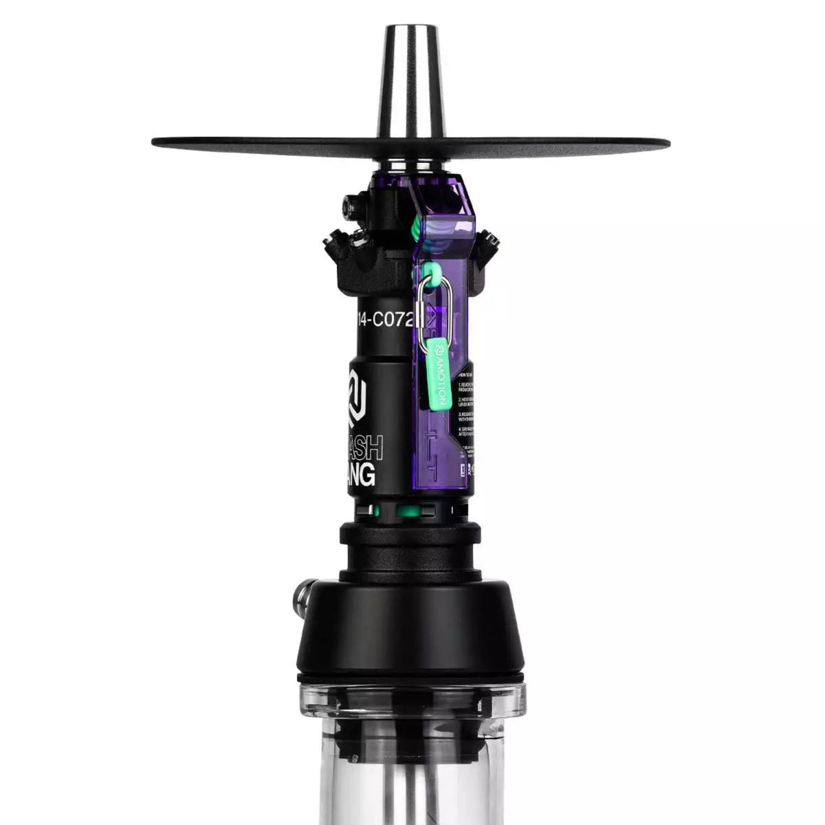 Amotion Flash Bang Grape column close-up — wine-dark purple translucent safety lever with pull tag and printed how-to-use instructions, image 5 of 5