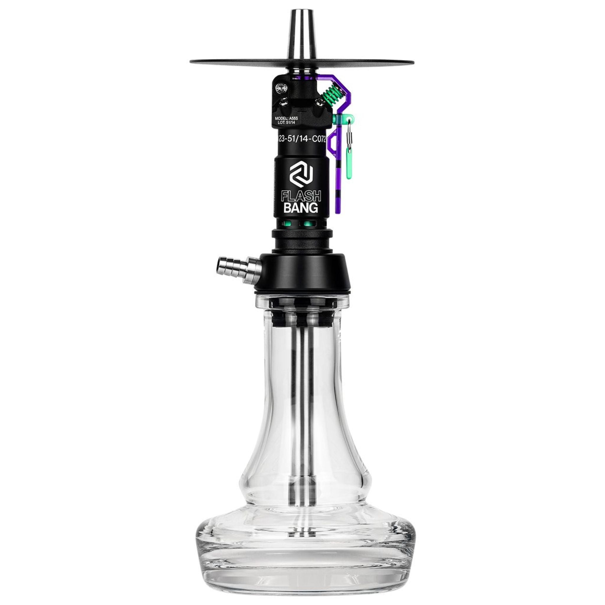 Amotion Flash Bang Grape shisha front view — black sleeve with purple translucent safety lever and clear plug-in glass base