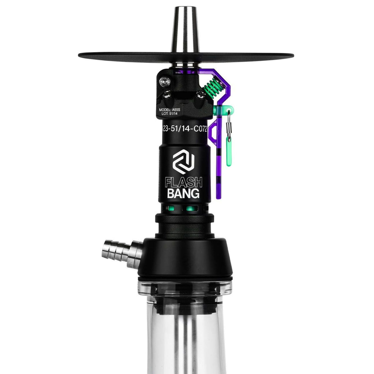 Amotion Flash Bang Grape side view showing stainless hose port and Flash Bang branding on the dark sleeve with purple lever lock, image 3 of 5