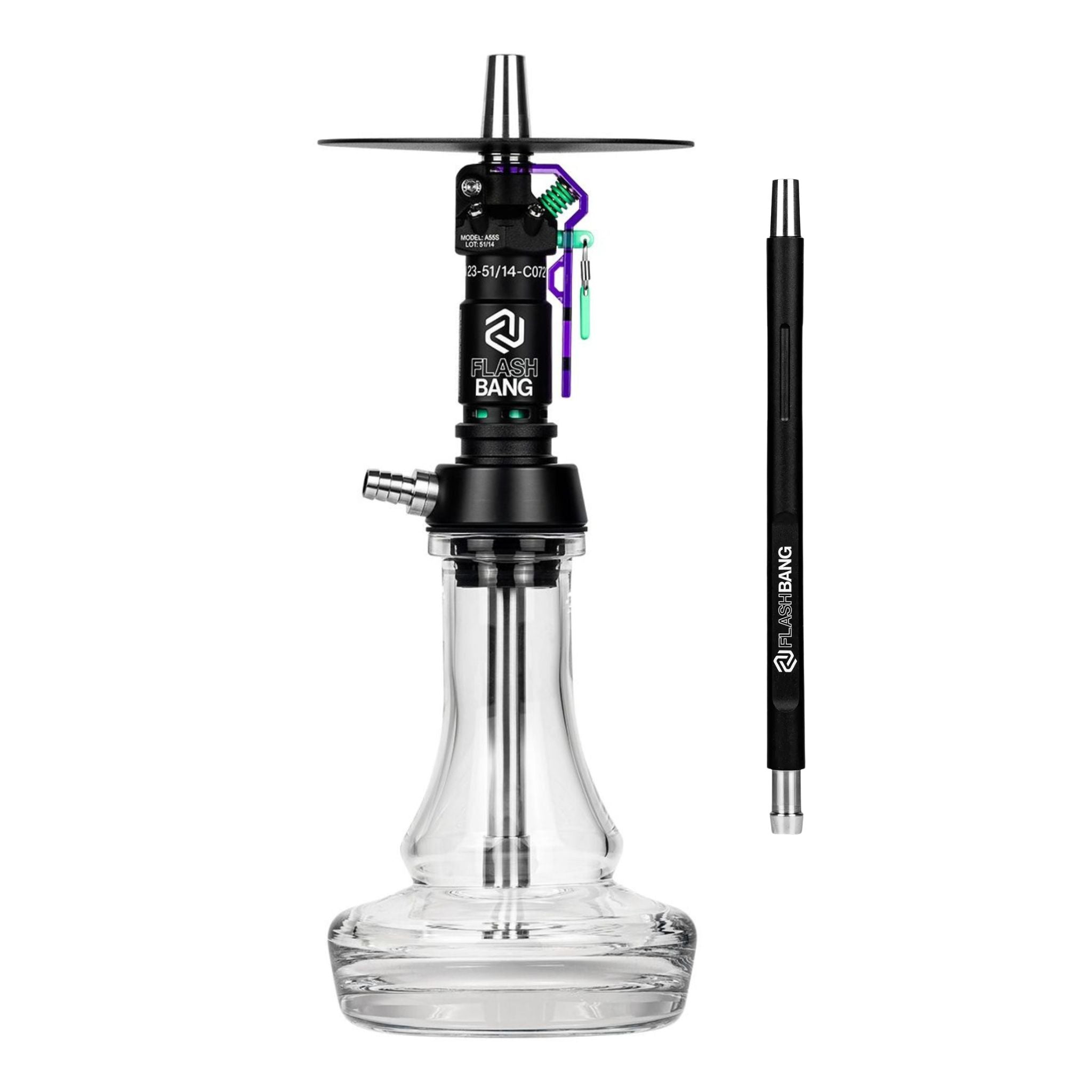 Amotion Flash Bang Grape shisha with included mouthpiece, wine-dark purple safety lever lock and plug-in glass base, from The Premium Way