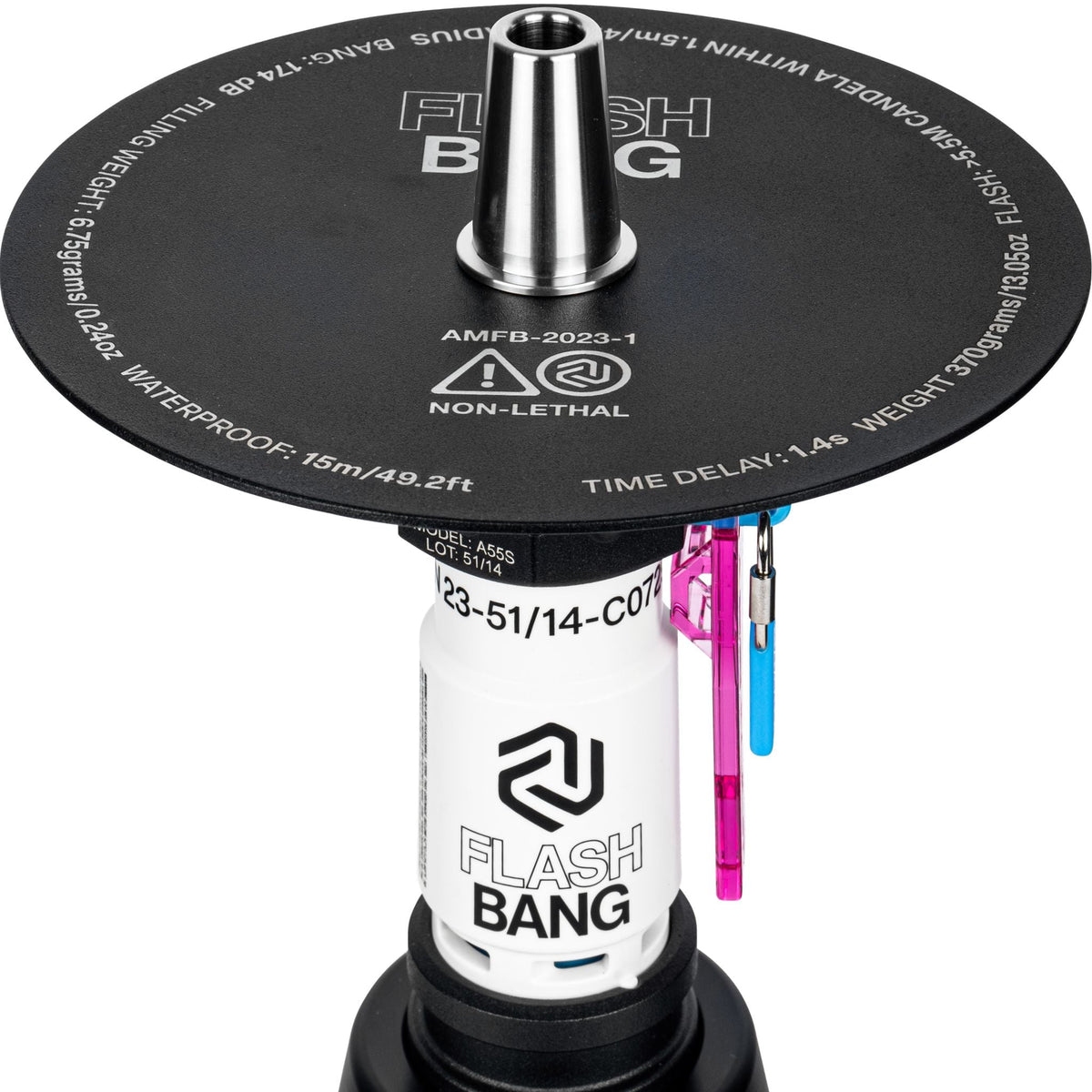 Top view of Amotion Flash Bang Orchid shisha black charcoal plate showing Flash Bang branding and printed spec markings, image 4 of 6