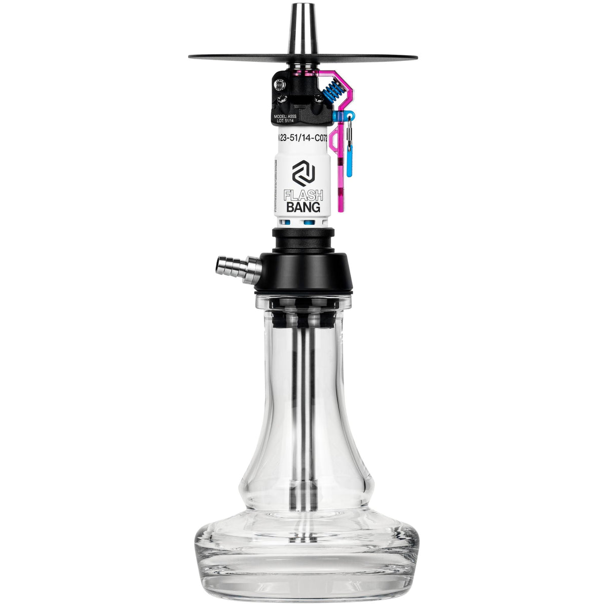 Amotion Flash Bang Orchid shisha front view with pink-purple safety lever, white sleeve and clear 45mm plug-in glass base, image 2 of 6
