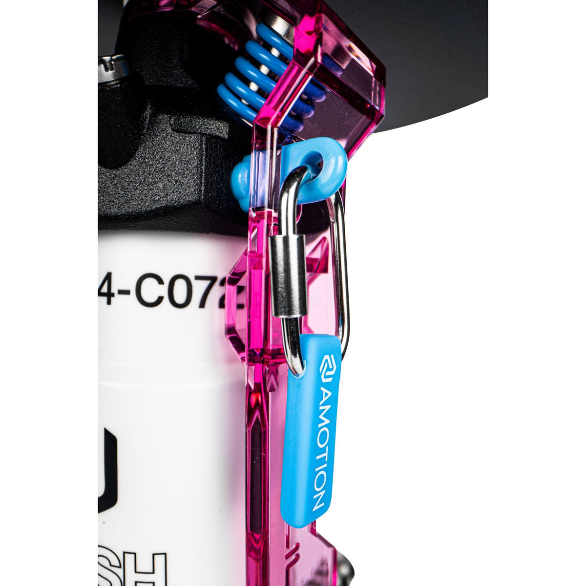Close-up of Amotion Flash Bang Orchid shisha translucent pink-purple safety lever lock with blue Amotion pull tag, image 3 of 6