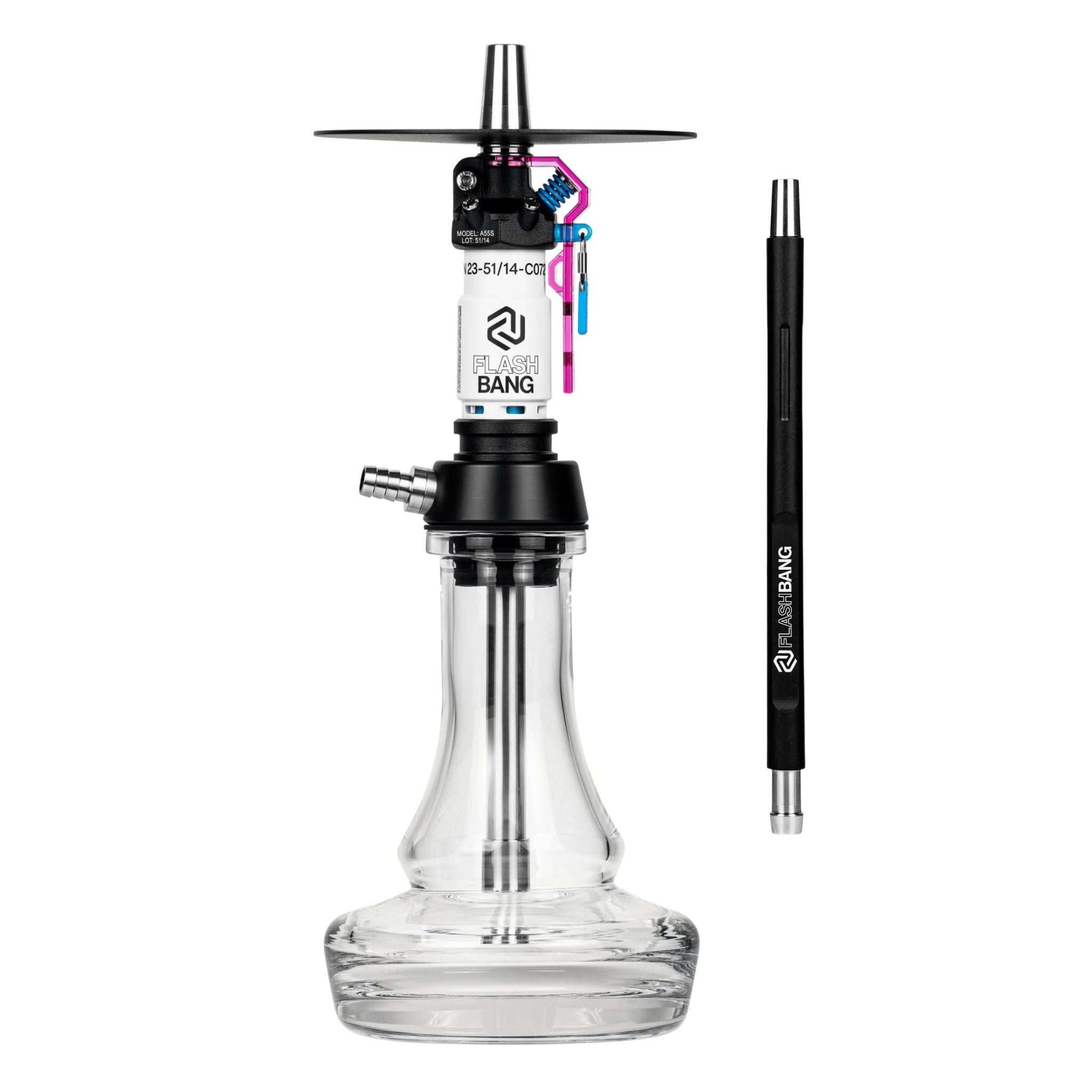 Amotion Flash Bang Orchid shisha in vivid pink-purple with clear glass base, black charcoal plate and matching Flash Bang mouthpiece from The Premium Way