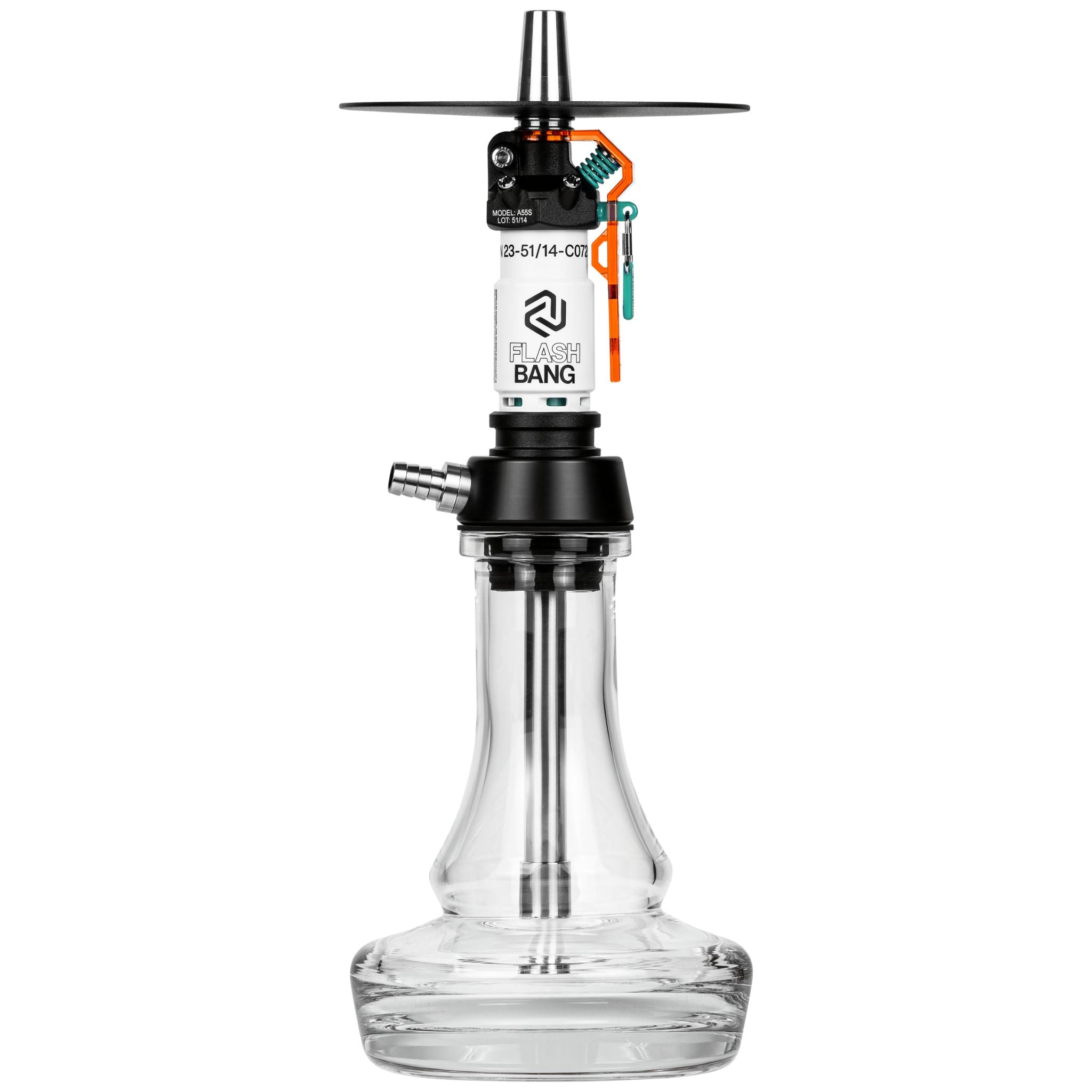Amotion Flash Bang Pumpkin shisha front view with translucent burnt-orange safety lever, white sleeve and clear 45mm plug-in glass base
