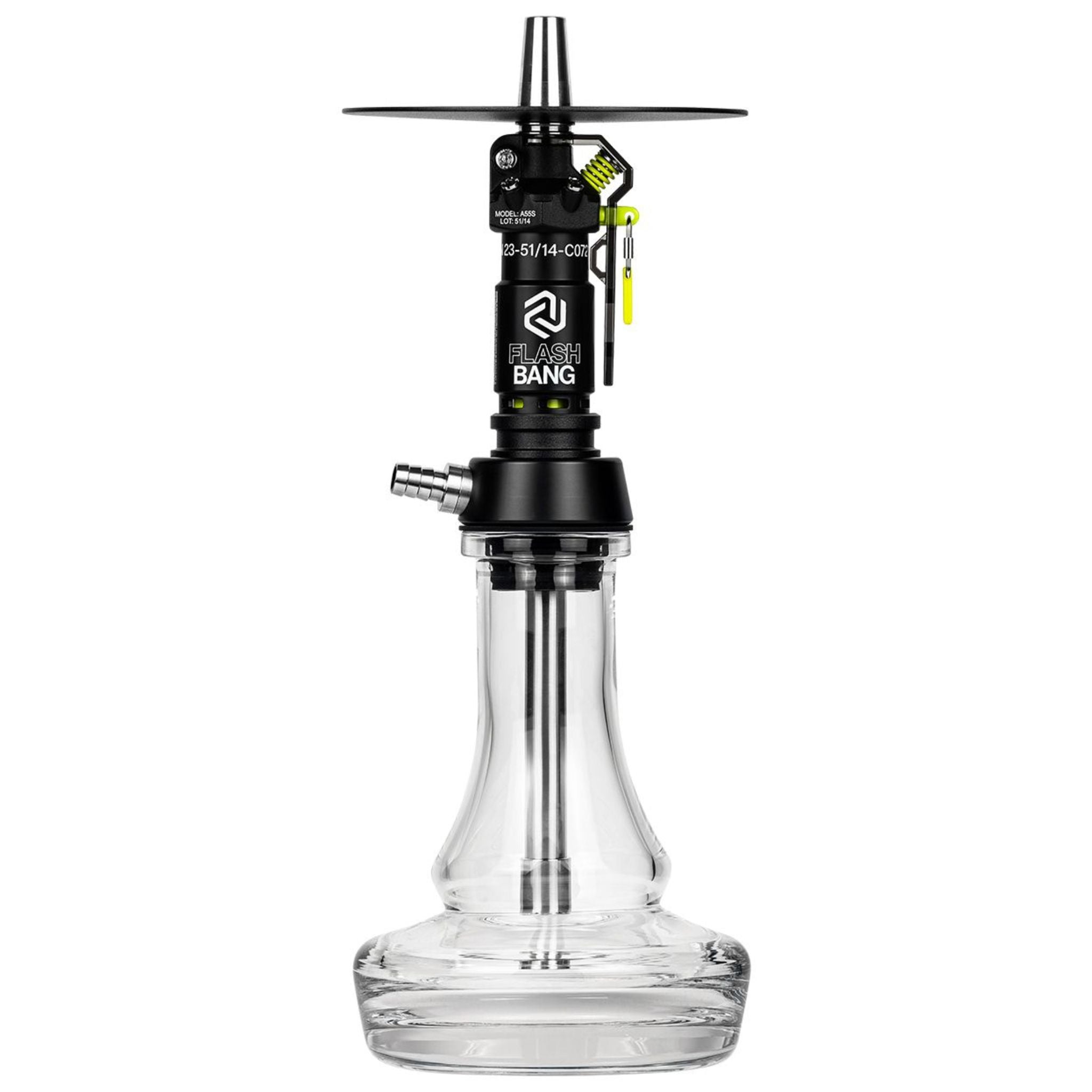 Amotion Flash Bang Slate shisha front view — matte grey sleeve over stainless core, clear plug-in glass base, single hose port