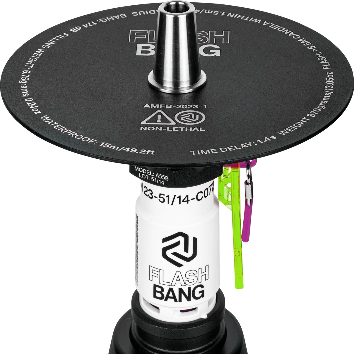 Top view of Amotion Flash Bang Toxic shisha black charcoal plate showing Flash Bang branding and printed spec markings, image 3 of 4