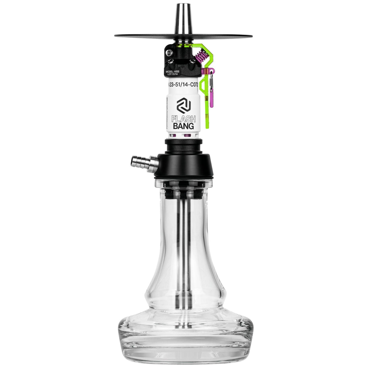 Amotion Flash Bang Toxic shisha front view with neon green safety lever, white sleeve and clear 45mm plug-in glass base, image 2 of 4