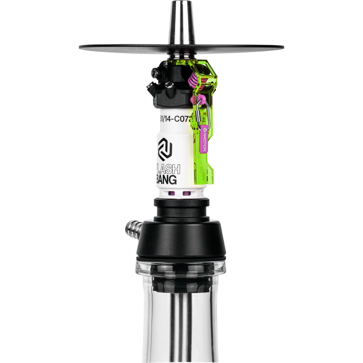 Side detail of Amotion Flash Bang Toxic shisha central column with Flash Bang logo, acid-green safety lever and stainless steel hose connection, image 4 of 4