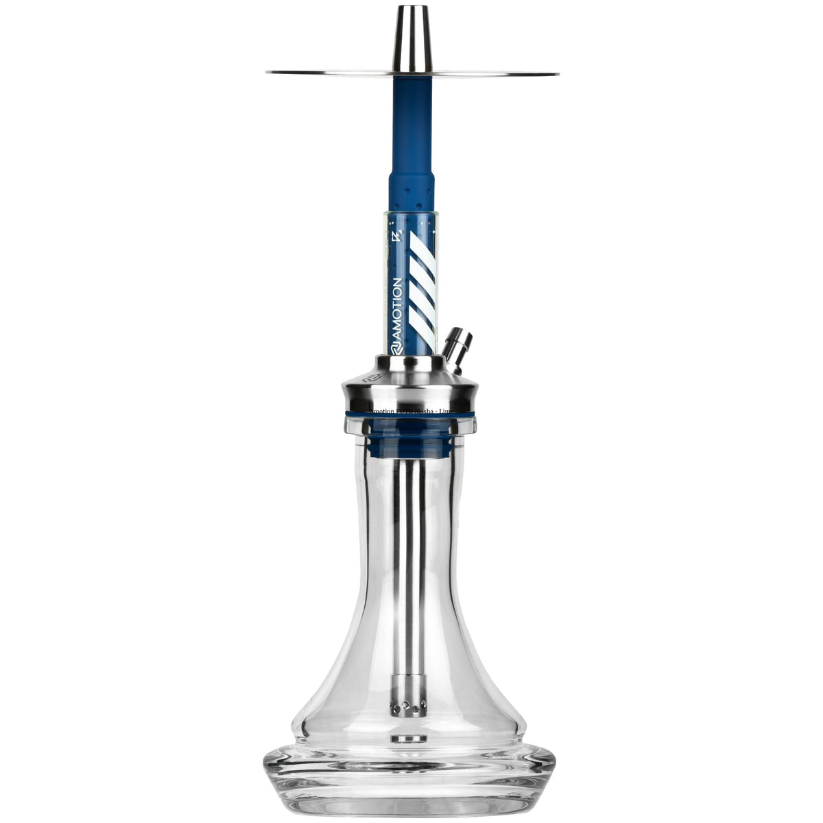 Amotion FUTR Cobalt shisha front view — saturated cobalt-blue glass column with chevron graphic, stainless plate and clear plug-in base, image 2 of 2