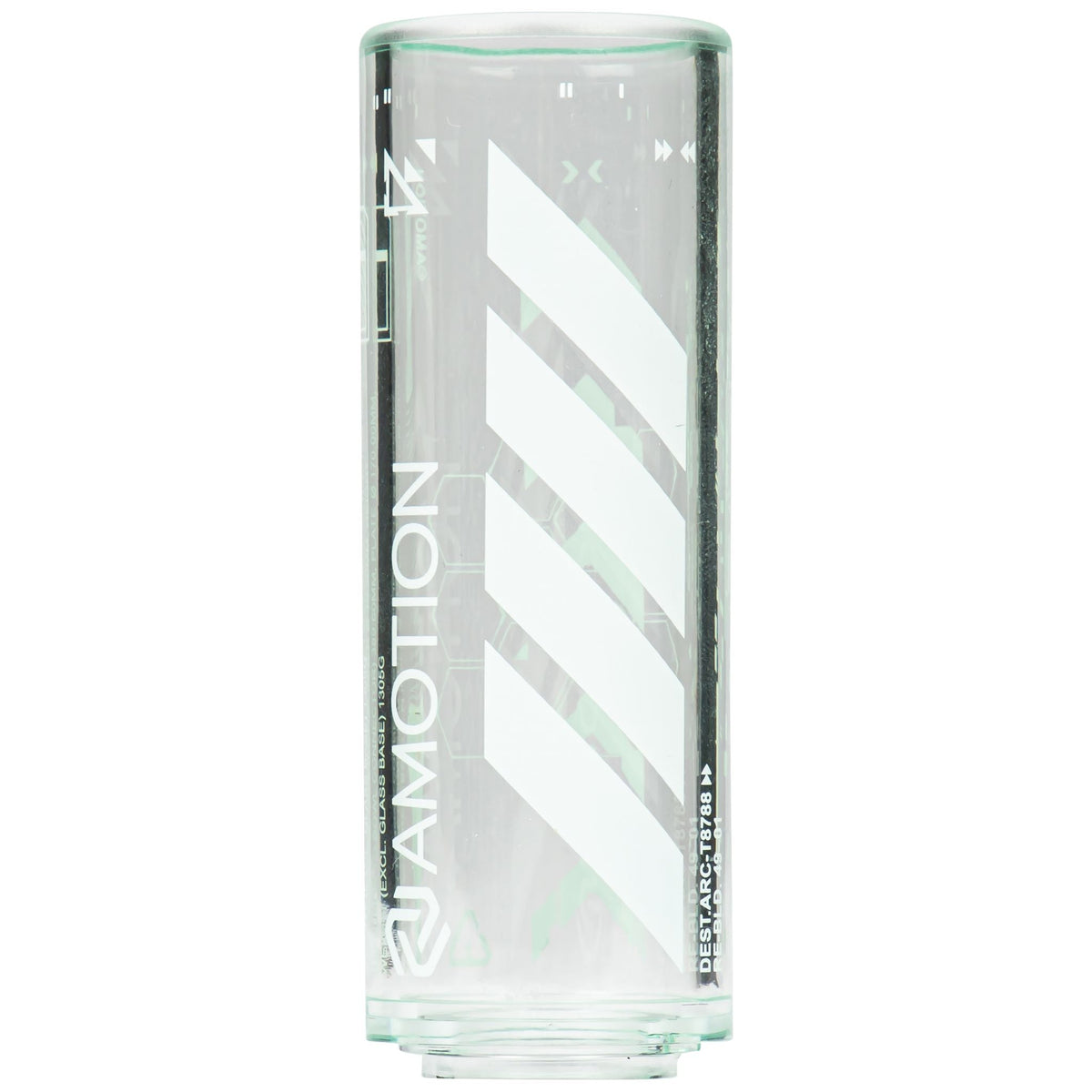 Amotion FUTR Midnight clear glass column reverse view — vertical Amotion wordmark and diagonal chevron stripe graphic, image 6 of 6