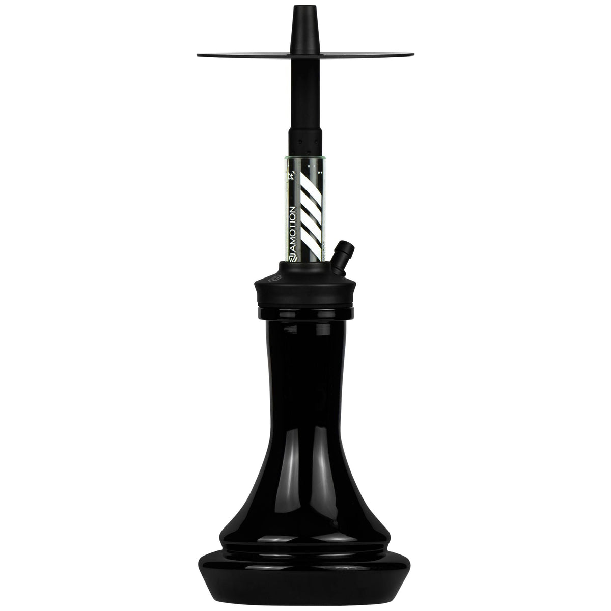 Amotion FUTR Midnight shisha front view — deep blue-black gloss body, matte stainless plate and chevron-graphic glass column, image 2 of 6